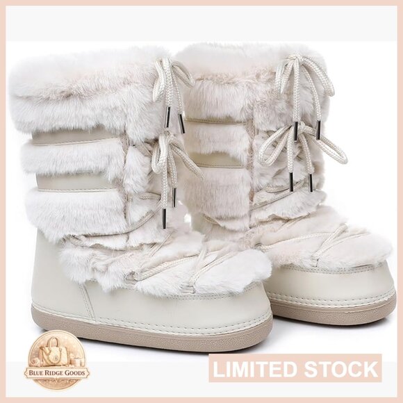 Faux Fur Snow Boots Mid-Calf Lace-Up Winter Warm Non-Slip Fuzzy Boots